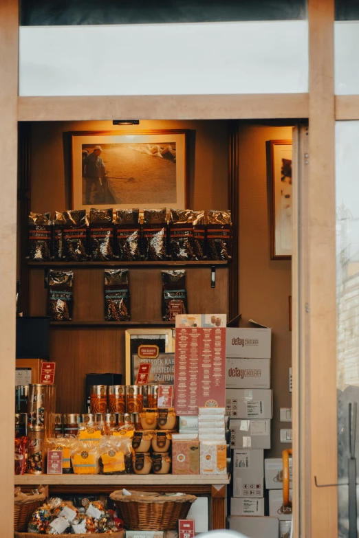 a shop with lots of condiments and bottles in front