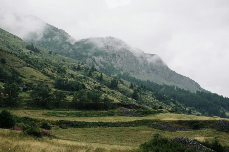 a view of a lush green mountain in the clouds