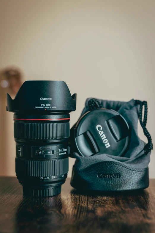 a camera with its lens cap and a bag on a table