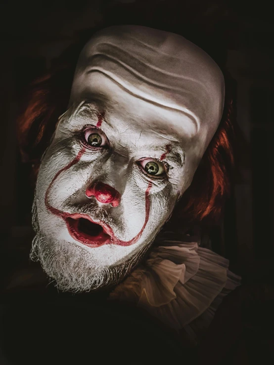 a creepy clown wearing a head covering
