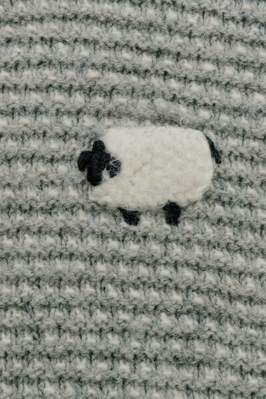 a black and white sheep is standing on a gray blanket