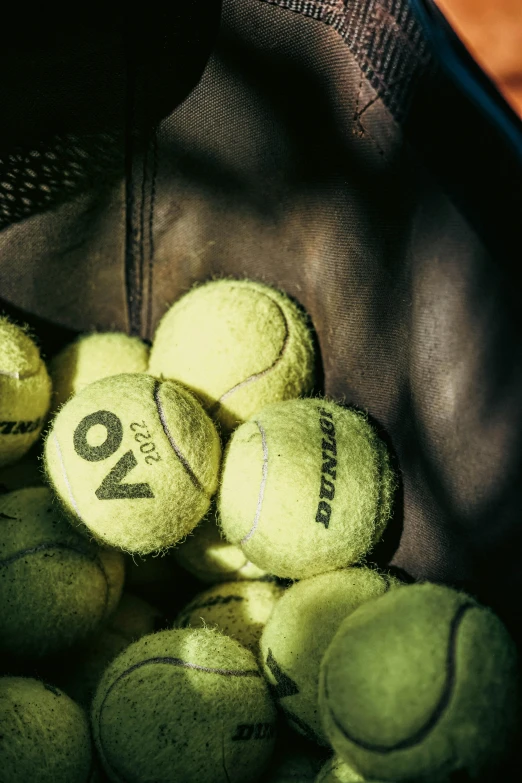 a bag filled with tennis balls that say'29