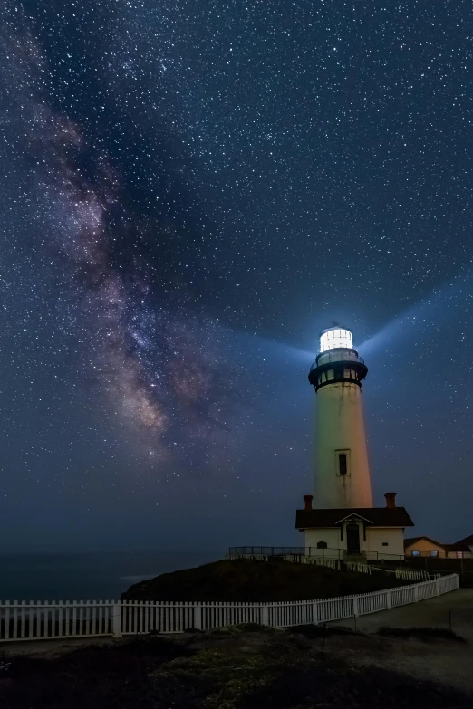 a lighthouse with the lights on against a night sky