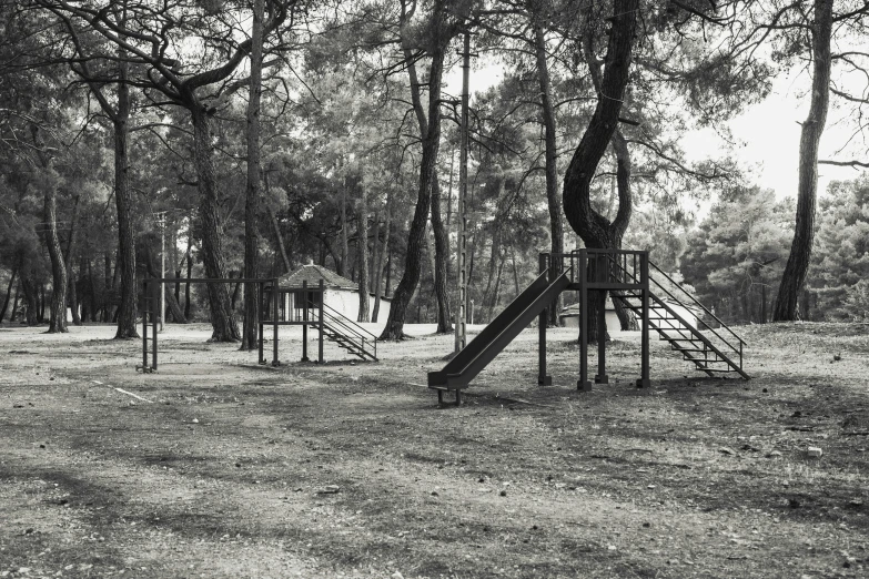 the black and white pograph shows a playground with ladders, swings and plays equipment