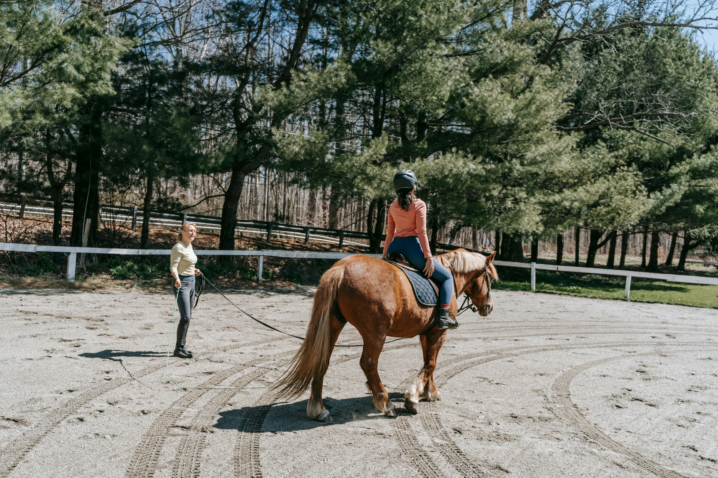 a woman and her horse in the pin