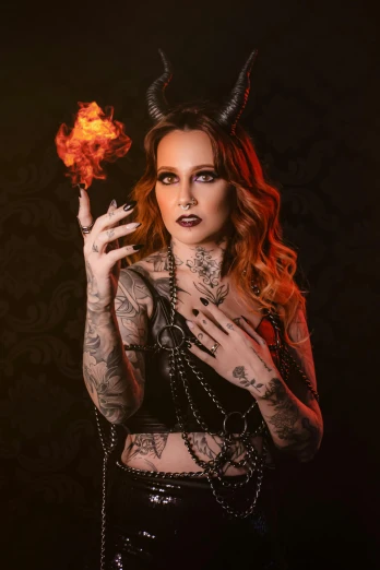 a woman with tattoos and devil horns holding up a cigarette