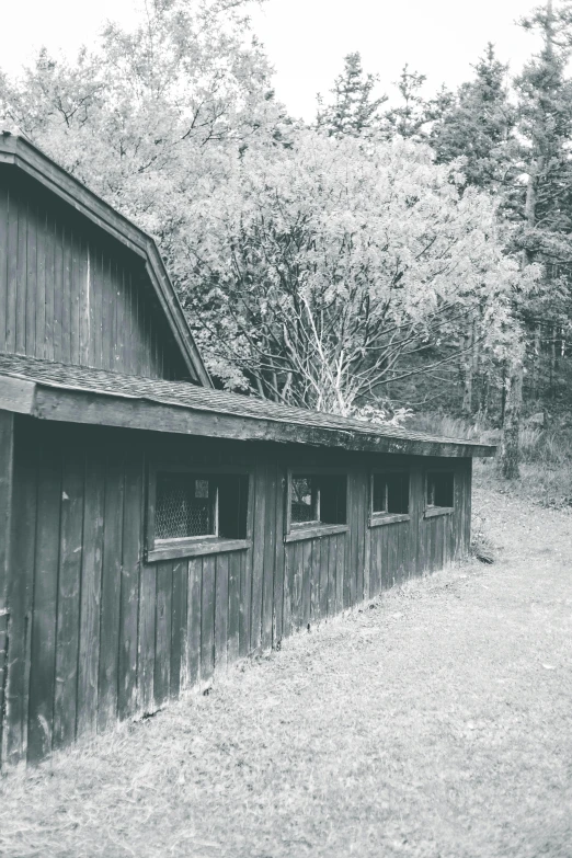 a barn and hay shed in a pasture