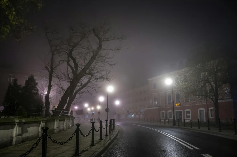 empty street scene at night in the rain