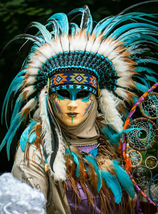 a person wearing a headdress and feathers and carrying a plate