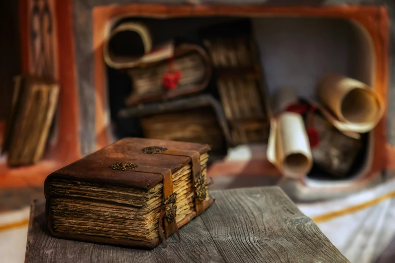 old books and other antique items stacked on a table