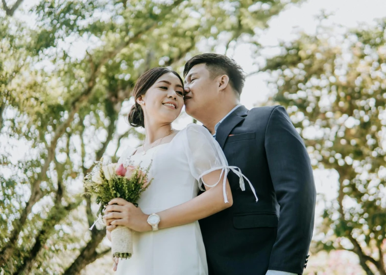 a bride and groom pose for a pograph