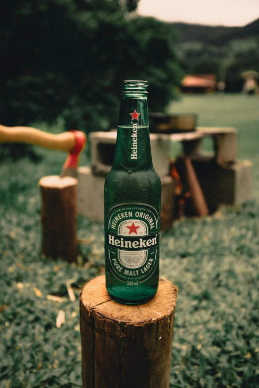 an open beer bottle sits on top of a stump