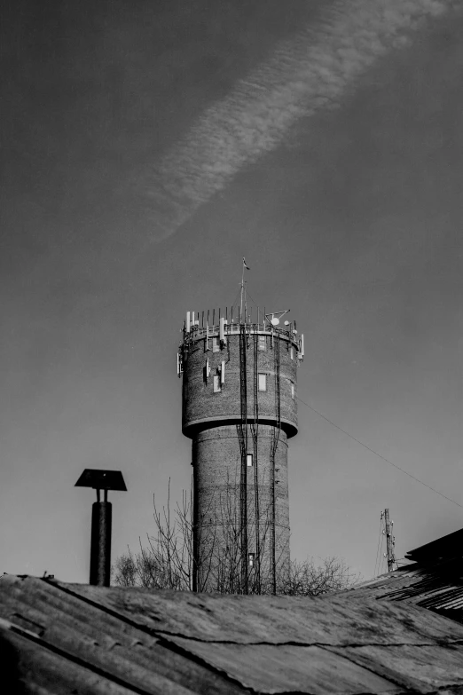 a black and white po of a tower