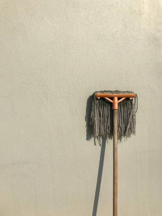 a broom and dust pan on a wall in a room