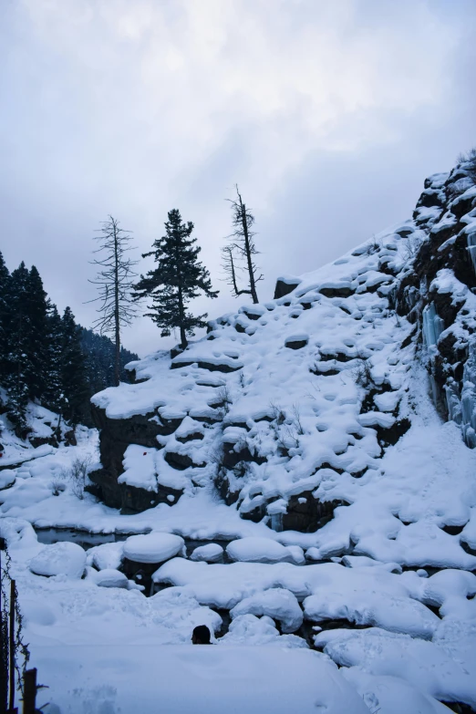 a bunch of rocks covered with snow in the wilderness