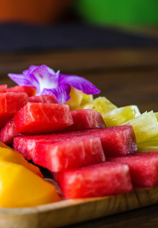 fresh fruit served on wooden plate and cut up flowers