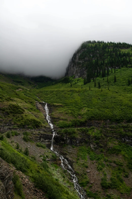 a grass covered valley with water running across it