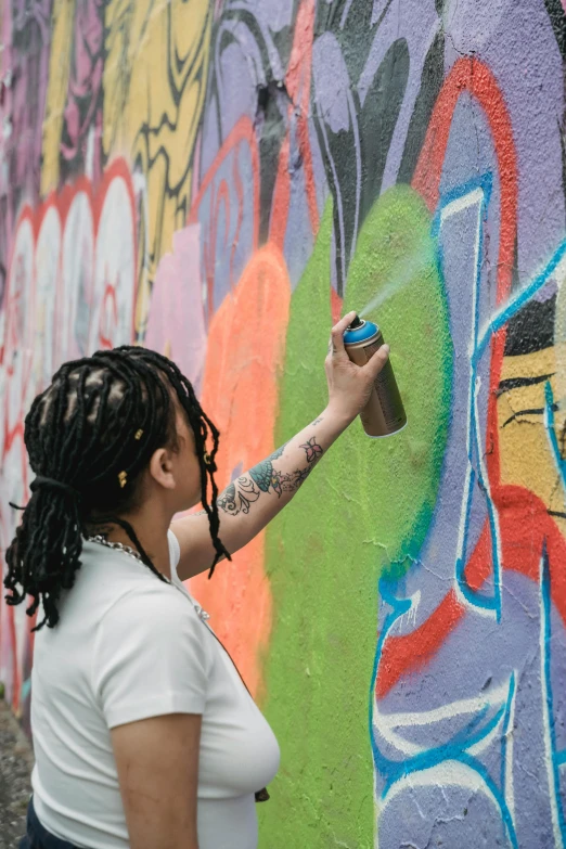 the woman spray paints the walls with her paint roller