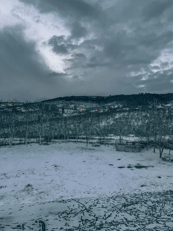 a hill covered in snow is shown with many trees on it