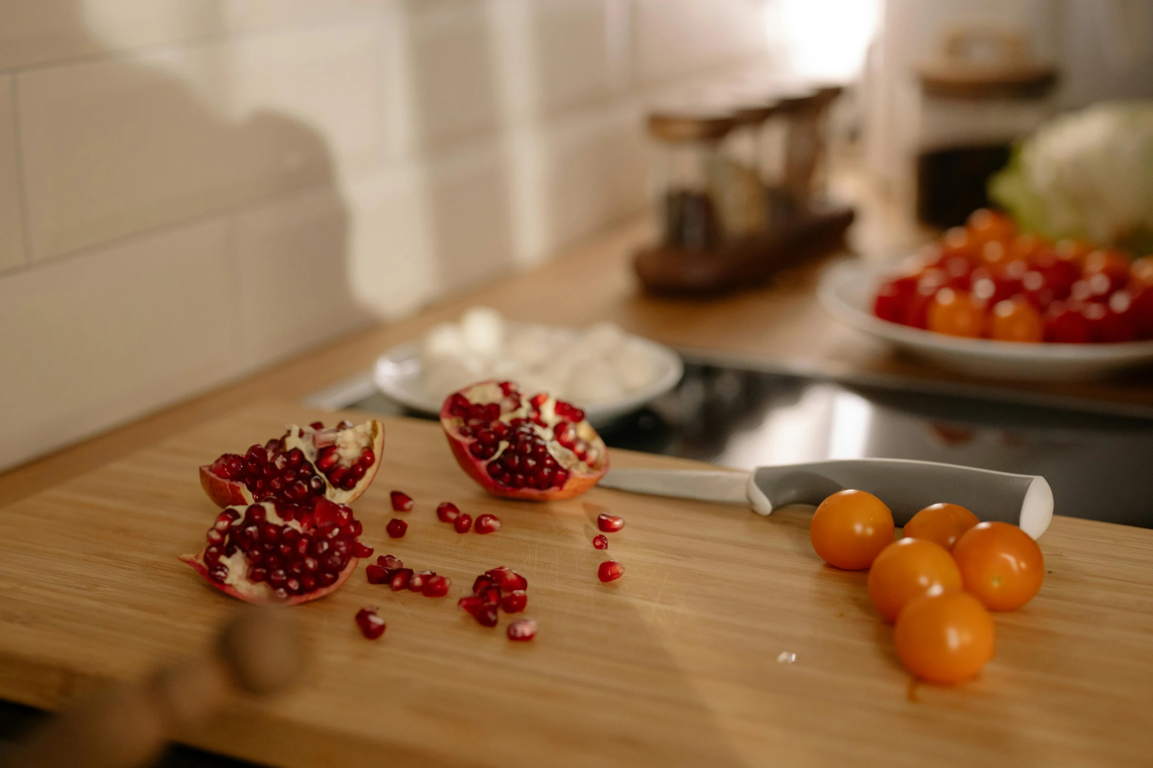 a counter with several fruits on it
