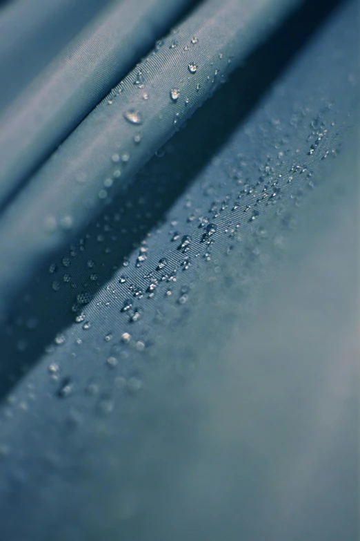 a very close s of the water droplets on a piece of blue cloth