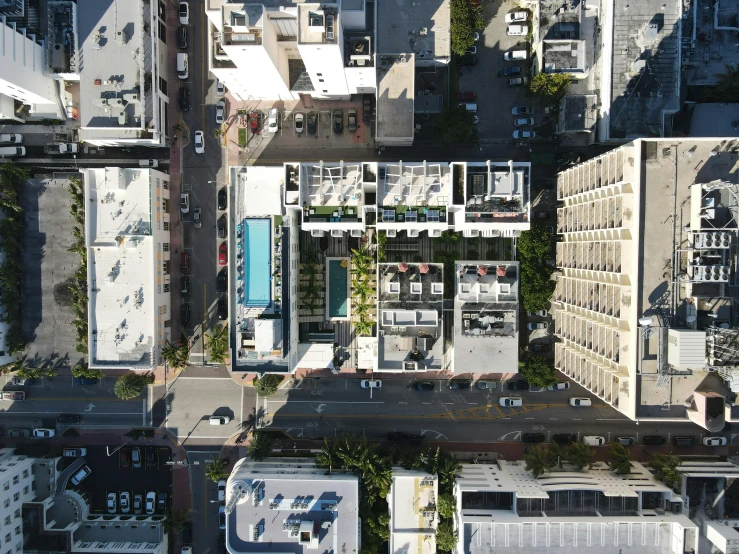 overhead view of city buildings and other urban structures