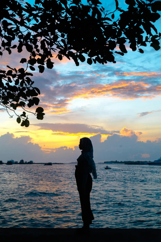 a woman standing on the beach at sunset