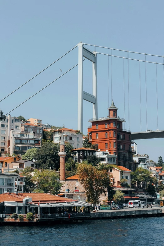 the suspension bridge stretches over the water with buildings on it