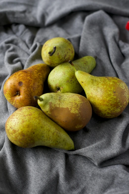 pears, pears and pear slices lay on a grey blanket