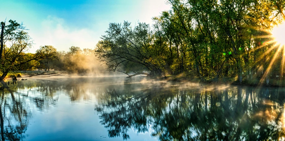 the sun shines down on some trees surrounding water