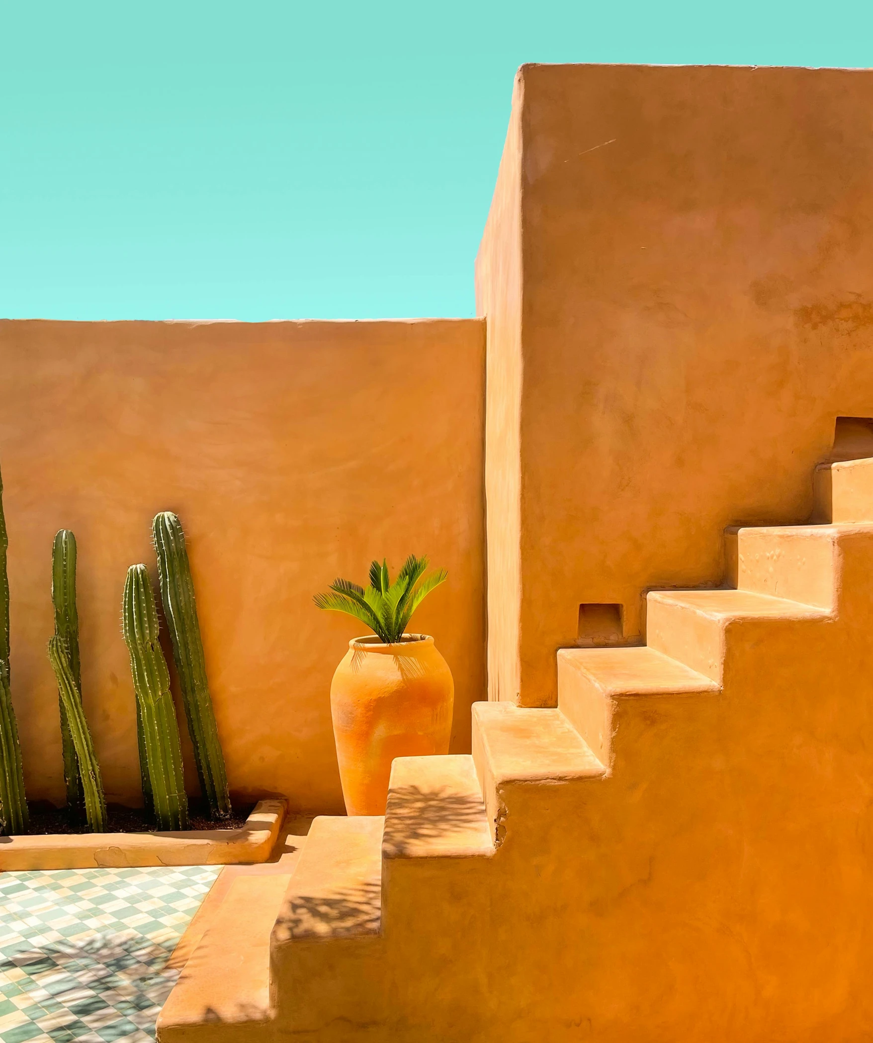 a painting of steps leading up to some tall cactus