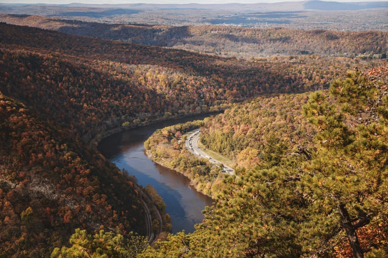 a river runs through a valley in a forested area