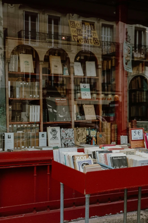 many different books in a store front window