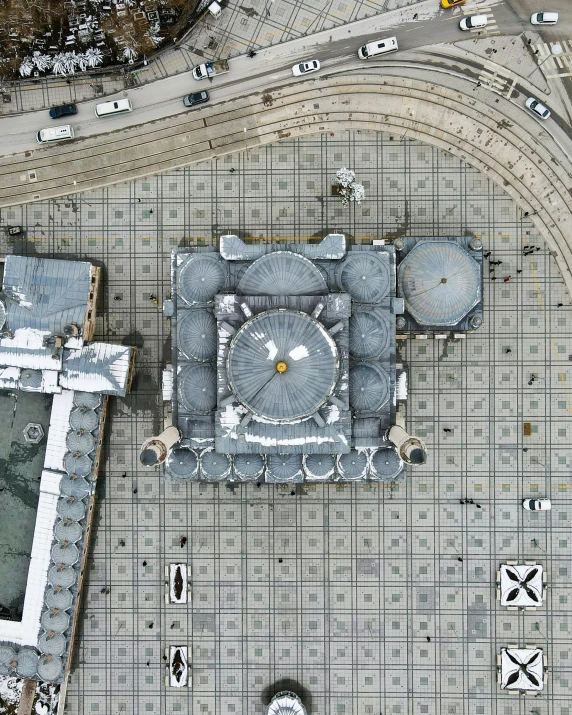 an aerial s of an outside courtyard in winter