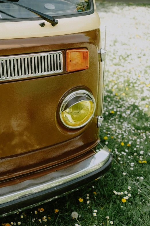 a close up po of the headlights and grills on an old model van