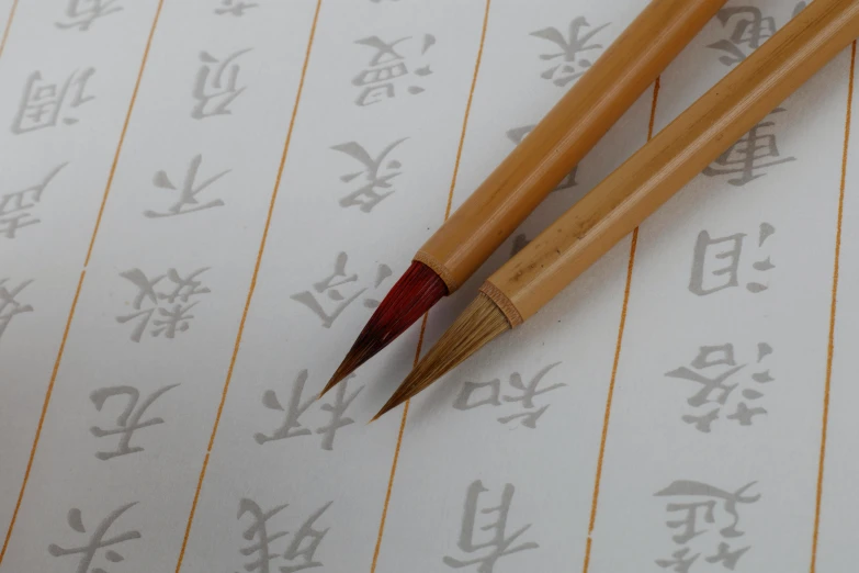 two pencils are sitting on top of paper with writing