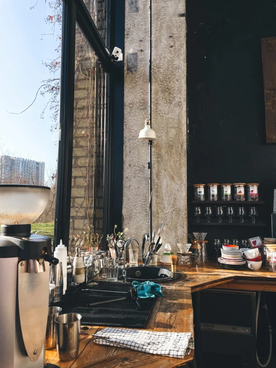 a bar is shown with various items on the counter