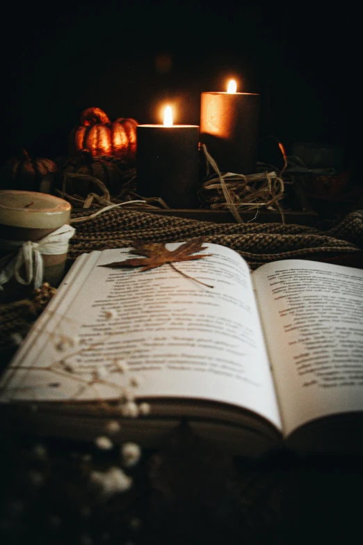 the pages of an old book are in front of the lit candles