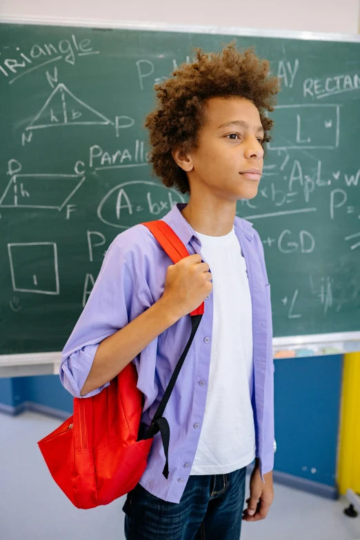 a boy is standing in front of a chalkboard