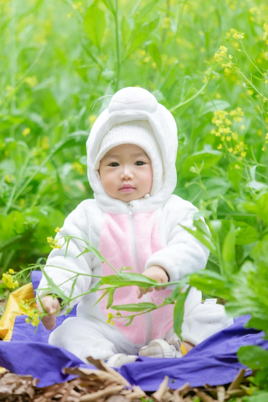 a small baby sitting on the ground in a field with flowers