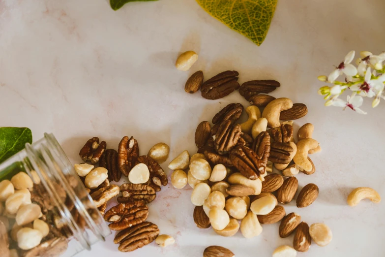 nuts, a leaf and flower on a table