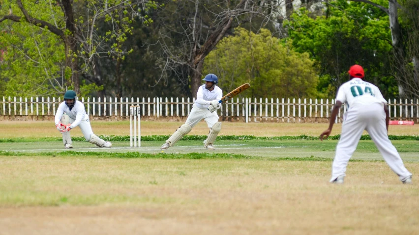 the men are playing a game of cricket on the field