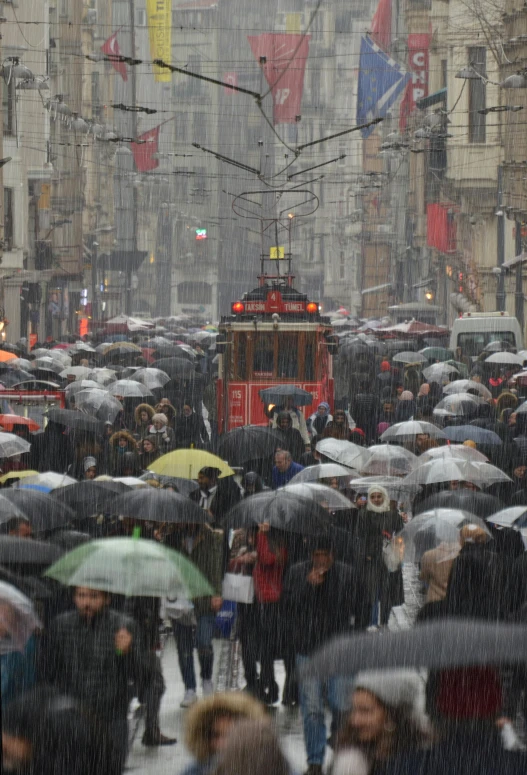 several people holding umbrellas walk down the street in the rain