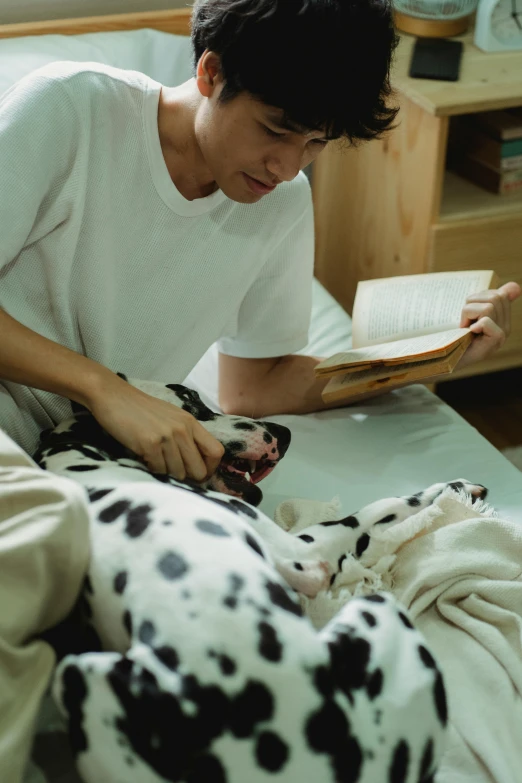 boy reading a book while lying in bed with a dog