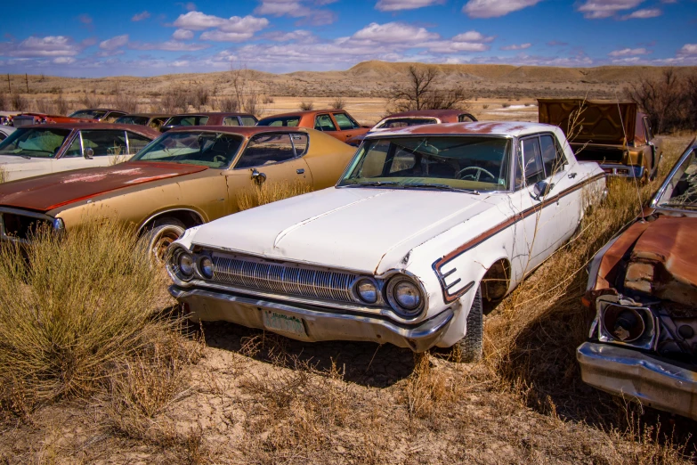 a number of classic cars parked in a field