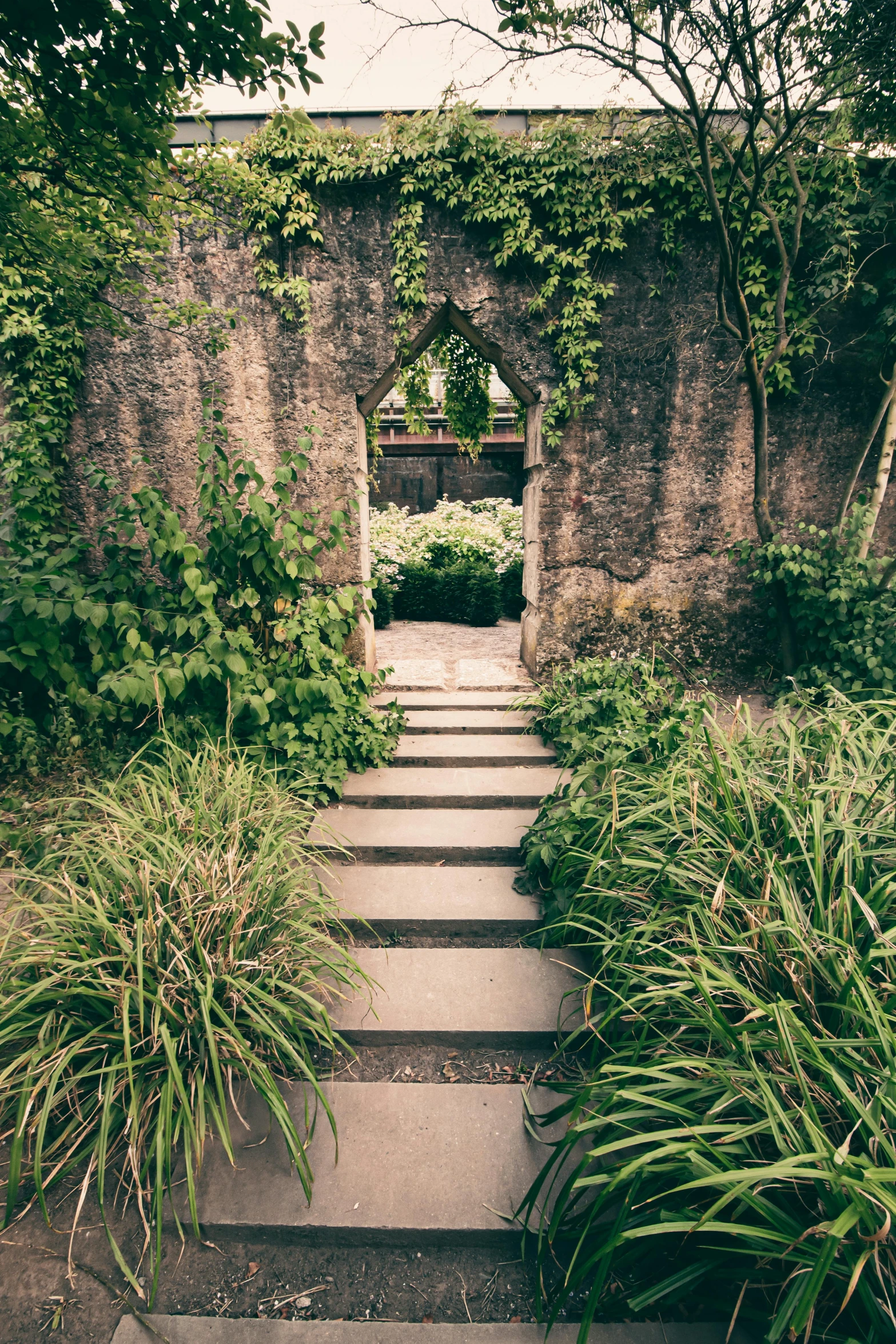 an old concrete structure with steps leading into the yard