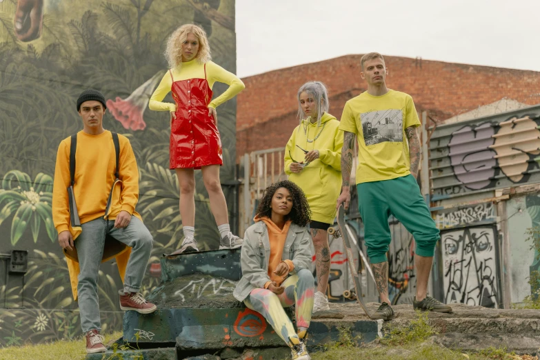 a group of people that are standing on a cement step