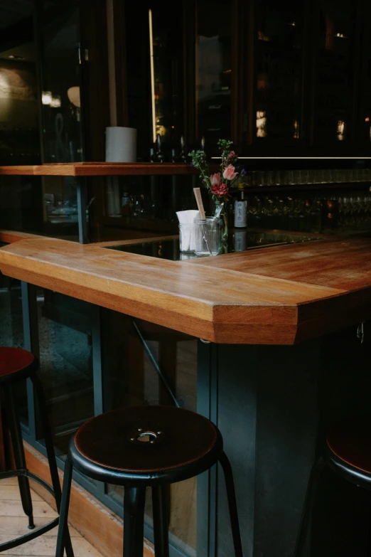 a small wooden bar topped with stools