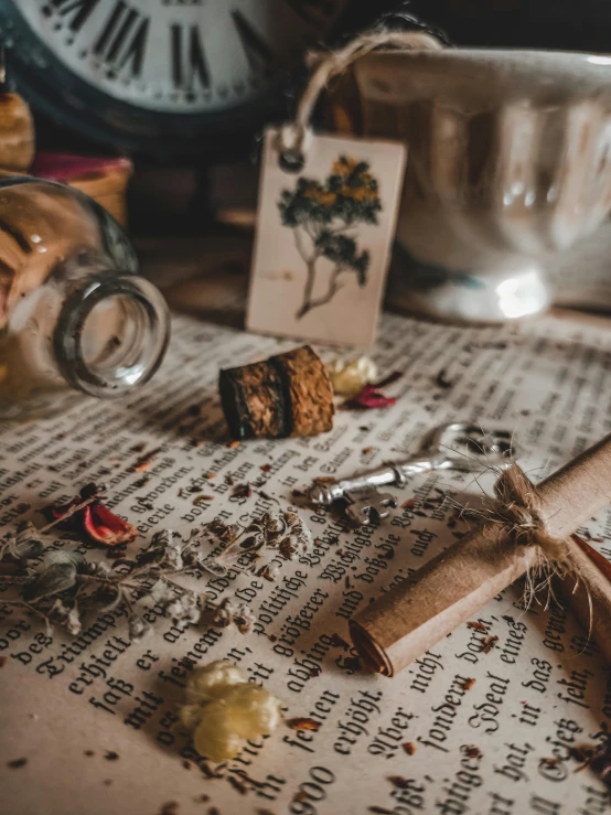 a close up of an old paper and a cork