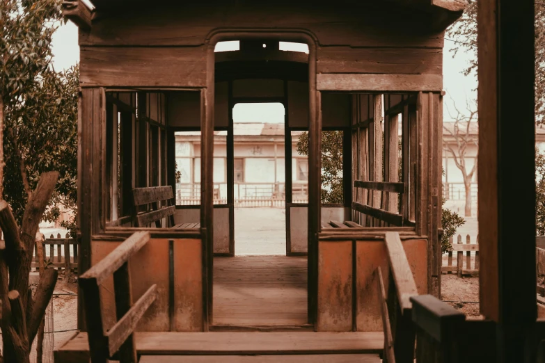 the inside of a covered building in a park